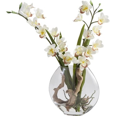 Cream Cymbidium Orchids in Small Glass Pillow Vase