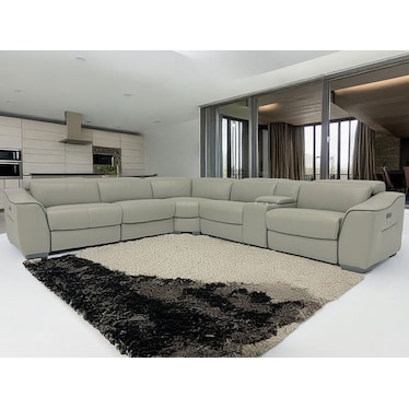 Kerala Silver Gray Leather 3 Dual Power Recliner Sectional w/ Console