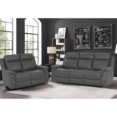 Kiran Gray Leather Dual Power Recliner 2 Pcs Set