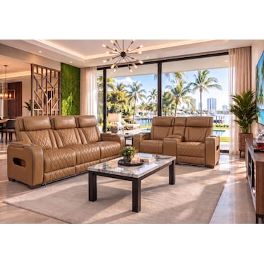 Boyton Caramel Dual Power Recliner 2 Pcs Set