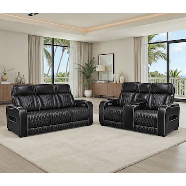 Cameron Black Leather Massage Dual Power Recliner 2 Pcs Set