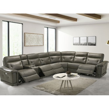 Sammit Grey Leather 4 Power Recliner 7 Pcs Sectional