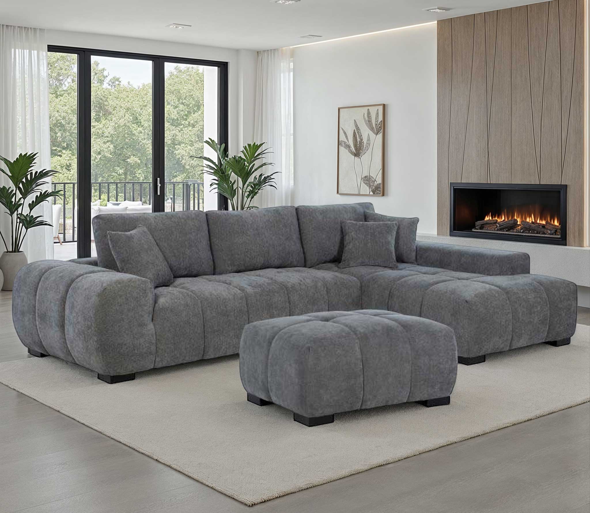 Lazlo Charcoal Upholstered Sectional w/ Ottoman | Rana