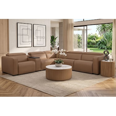 Ilaria Camel Leather 3 Dual Power Recliner 6 Pcs Sectional with Audio