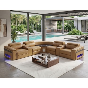 Armando Caramel Dual Power Recliner Sectional with Fridge, Sound System, Bluetooth, LED, & Wine Cabi