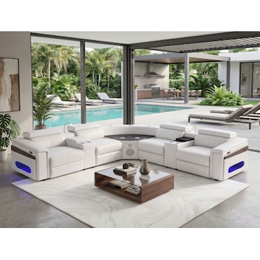Armando White Dual Power Recliner Sectional with Fridge, Sound System, Bluetooth, LED, & Wine Cabine