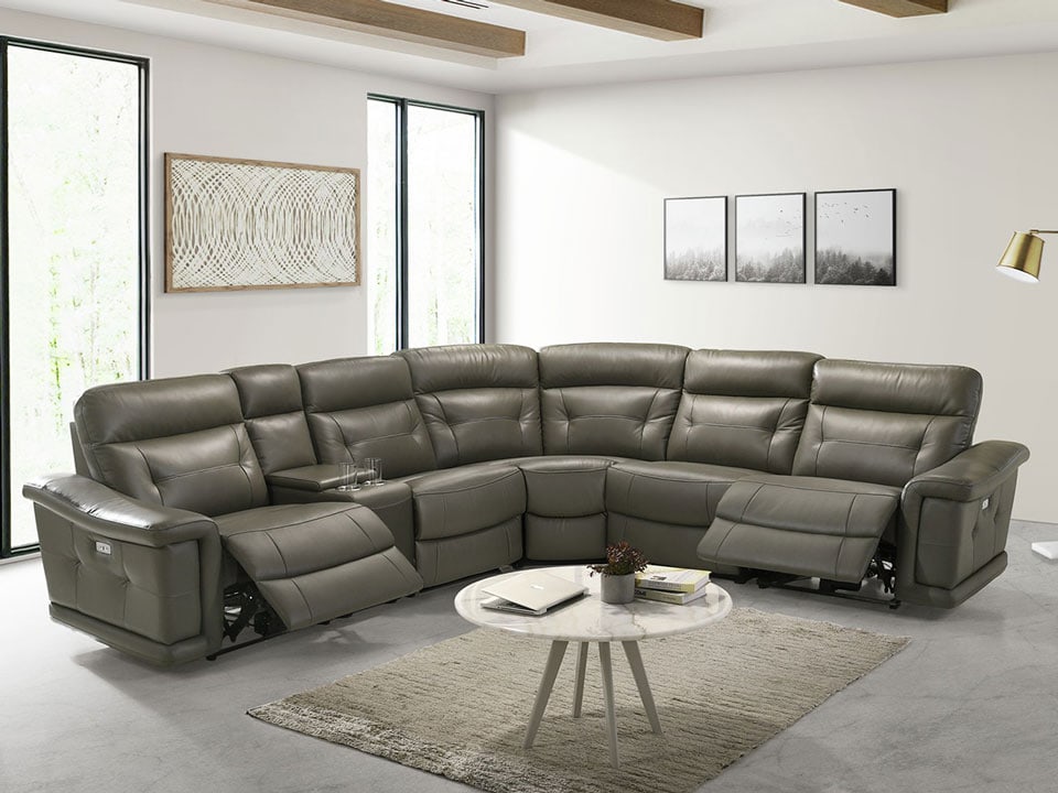 Sammit Grey Leather 2 Power Recliner Sectional | Rana