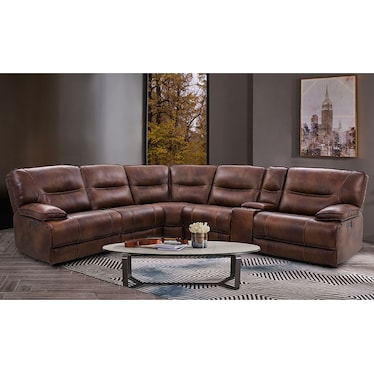 Volos Brown Leather 3 Dual Power Recliner Sectional