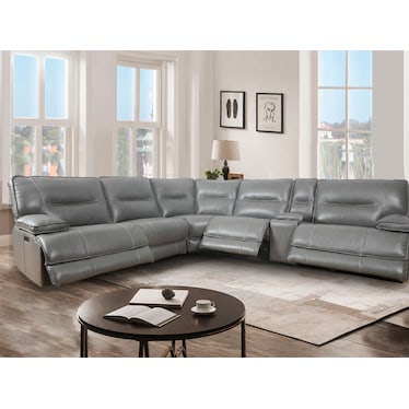 Volos Grey Leather 3 Dual Power Recliner Sectional